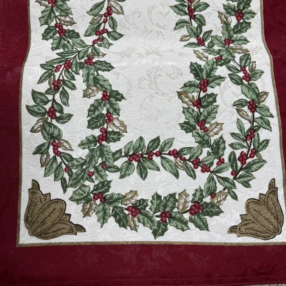 Lenox Holiday Nouveau Table Runner 90x14 Christmas Holly‎ Damask *Read* No Tag